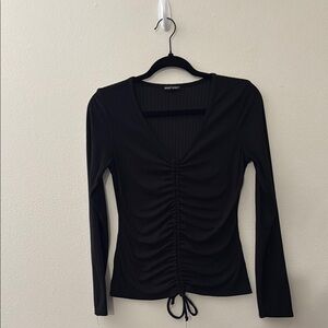 Black Ruched Tie Front Long Sleeve Blouse